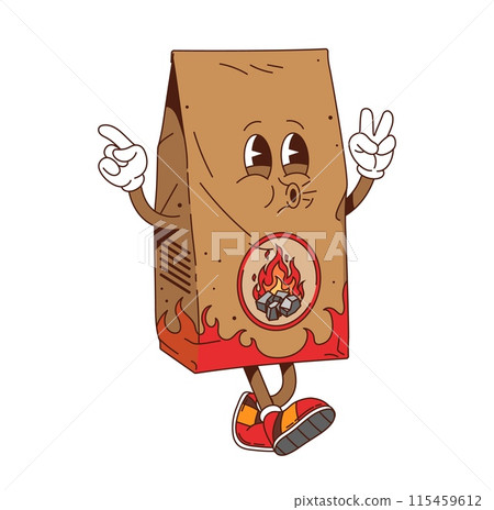 Charcoal bag retro groovy barbeque grill character making peace signs with a gloved hand. Isolated vector coal package personage conveys fun, vintage vibe for barbeque, grilling and outdoor gatherings 115459612