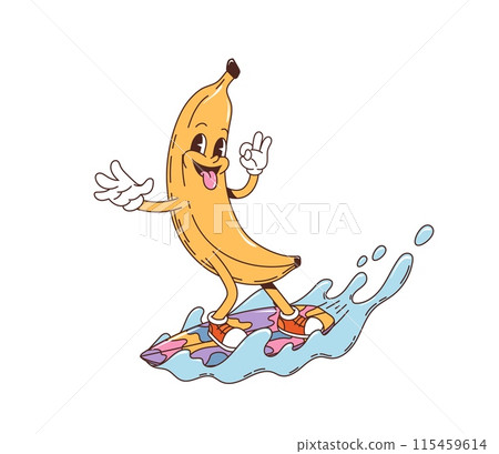 Retro groovy banana character on surfboard riding a wave. Isolated cartoon vector tropical fruit personage with playful smile and hands up, enjoying extreme surfing sports during summer beach vacation 115459614