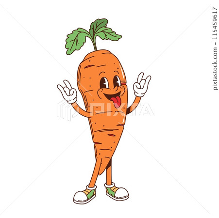 Carrot retro groovy barbeque grill character. Isolated cartoon vector ripe vegetable personage for healthy eating and cooking bbq meals. Funny carrot in sneakers and sticking out tongue expression Carrot retro groovy barbeque grill character. Isolated cartoon vector ripe vegetable personage for healthy eating and cooking bbq meals. Funny carrot in sneakers and sticking out tongue expression 115459617