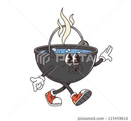 Cartoon cauldron retro groovy travel character, camp and tourism personage. Isolated vector playful anthropomorphic pot in sneakers and gloves, walking joyfully with happy face and emanating steam 115459618