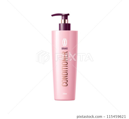 Hair conditioner pink package. Cosmetic product template. Isolated realistic 3d vector mockup of pump bottle. Hair conditioning product line provides moisturizing, smoothing, and nourishing benefits Hair conditioner pink package. Cosmetic product template. Isolated realistic 3d vector mockup of pump bottle. Hair conditioning product line provides moisturizing, smoothing, and nourishing benefits 115459621