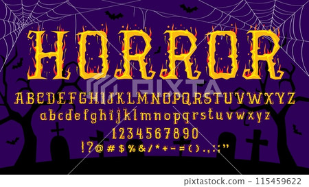 Halloween font, horror type. Vector spooky, flame-inspired typeface, uppercase and lowercase letters, numbers and symbols at dark purple background with cobwebs, night cemetery and bats silhouettes Halloween font, horror type. Vector spooky, flame-inspired typeface, uppercase and lowercase letters, numbers and symbols at dark purple background with cobwebs, night cemetery and bats silhouettes 115459622