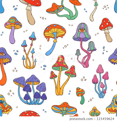 Groovy mushrooms seamless pattern. Vector tile background with retro, vibrant amanita, toadstool or fly agaric cartoon hippie psychedelic fungi plants with whimsical trippy, nostalgic funky vibes Groovy mushrooms seamless pattern. Vector tile background with retro, vibrant amanita, toadstool or fly agaric cartoon hippie psychedelic fungi plants with whimsical trippy, nostalgic funky vibes 115459624