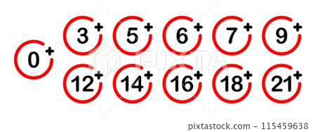 Under age signs, warning icons and forbidden symbols of age limits and restriction. Vector red labels from 0 to 21 plus years old for alcohol, toy, web content and movie. Suitable for kids and minors 115459638