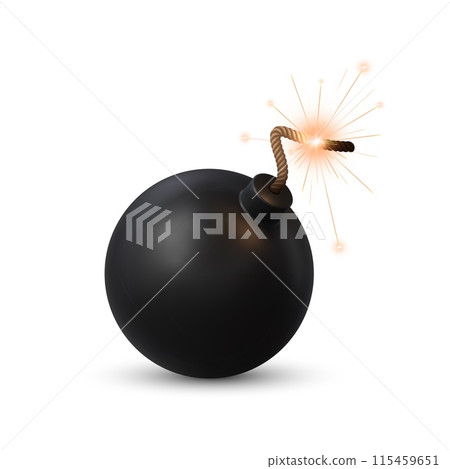 Realistic bomb with burning fuse emitting sparks and light, ready for explode. Isolated 3d vector explosive, spherical military tnt weapon with a lit wick creating a sense of imminent explosion Realistic bomb with burning fuse emitting sparks and light, ready for explode. Isolated 3d vector explosive, spherical military tnt weapon with a lit wick creating a sense of imminent explosion 115459651