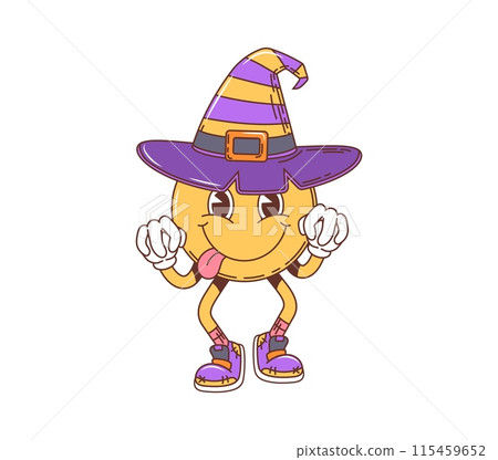 Cartoon retro groovy Halloween smile emoji in witch hat for horror night holiday, vector character. Groovy funky and funny comic smile with happy face and silly tongue for Halloween trick or treat Cartoon retro groovy Halloween smile emoji in witch hat for horror night holiday, vector character. Groovy funky and funny comic smile with happy face and silly tongue for Halloween trick or treat 115459652