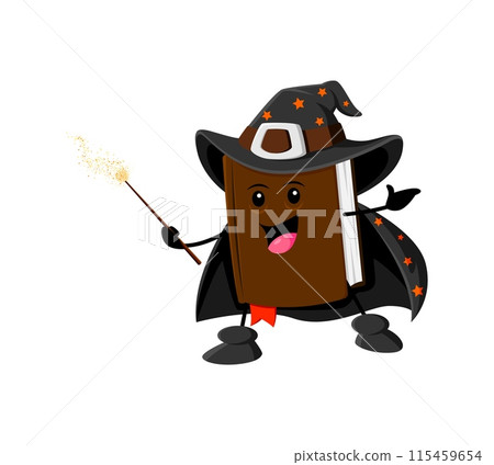 Cartoon Halloween school textbook mage, wizard and witch character in pointy hat, clutching magical wand. Isolated vector book personage ready to enchant readers with knowledge and spellbinding tales Cartoon Halloween school textbook mage, wizard and witch character in pointy hat, clutching magical wand. Isolated vector book personage ready to enchant readers with knowledge and spellbinding tales 115459654