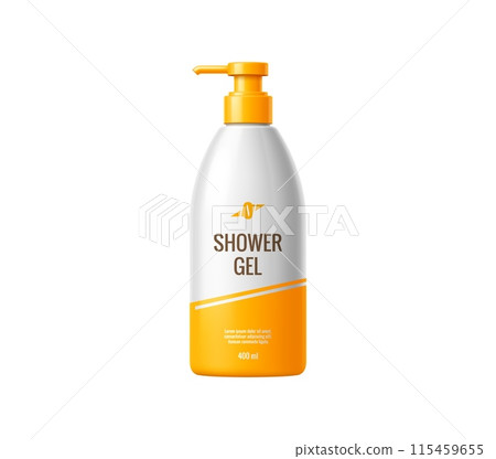 Shower gel bottle package cosmetic product template. Isolated realistic 3d vector pump bottle mockup with white and yellow color scheme. Professional line packaging for beauty and cosmetics industry Shower gel bottle package cosmetic product template. Isolated realistic 3d vector pump bottle mockup with white and yellow color scheme. Professional line packaging for beauty and cosmetics industry 115459655