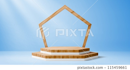 Wooden product podium stage with arch. Modern platform with geometric arc at blue background with light rays. Realistic 3d vector two-tiered wood scene for showcasing natural cosmetics presentations Wooden product podium stage with arch. Modern platform with geometric arc at blue background with light rays. Realistic 3d vector two-tiered wood scene for showcasing natural cosmetics presentations 115459661