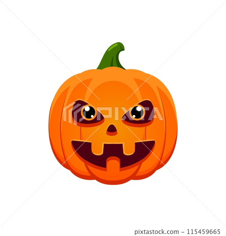 Cartoon evil pumpkin lantern Halloween emoji set. October horror holiday funny personage sticker, Halloween scary monster or pumpkin Jack o lantern creepy smiling face emoji isolated vector icon 115459665