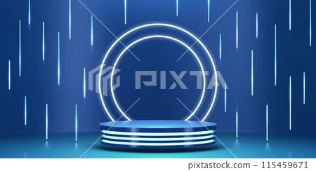 3D neon light product podium stage or showroom display with pedestal, vector mockup. Podium stage with neon LED lights glow, premium luxury product display or studio showroom showcase background 115459671