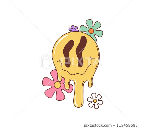 Retro groovy melting face character. Isolated cartoon vector hippie melt smile with daisy flowers. Yellow dripping emoji, psychedelic facial expression. Weird, trippy face, surreal acid lsd funky vibe Retro groovy melting face character. Isolated cartoon vector hippie melt smile with daisy flowers. Yellow dripping emoji, psychedelic facial expression. Weird, trippy face, surreal acid lsd funky vibe 115459685