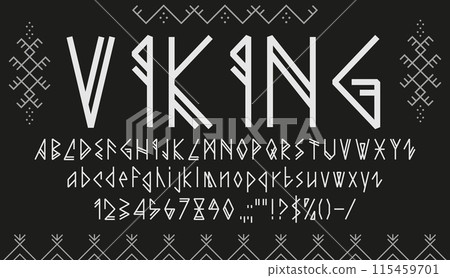 Viking font, nordic rune type, ethnic scandinavian typeface, norse epic alphabet. Vector white latin abc uppercase and lowercase letters, numbers and punctuation marks inspired by nordic runes script 115459701