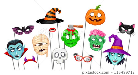Halloween masks with props for photo booth. Isolated vector set cartoon witch hat and face, vampire, mummy and pumpkin. Bat, devil horns, skull and monster lips. Zombie with axe in brain, and cat head Halloween masks with props for photo booth. Isolated vector set cartoon witch hat and face, vampire, mummy and pumpkin. Bat, devil horns, skull and monster lips. Zombie with axe in brain, and cat head 115459712