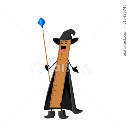 Cartoon Halloween school ruler stationery mage, wizard and witch character. Isolated vector whimsical personage in a magical robe wielding a staff, casting spells in a classroom enchantment adventure 115459743