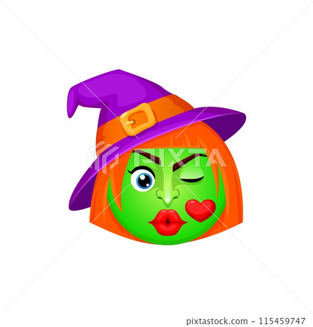 Cartoon Halloween witch emoji puckers her lips in a bewitching air kiss, complete with a pointed hat and a sly, mischievous expression. Isolated vector hag face with green skin and red kissing lips Cartoon Halloween witch emoji puckers her lips in a bewitching air kiss, complete with a pointed hat and a sly, mischievous expression. Isolated vector hag face with green skin and red kissing lips 115459747
