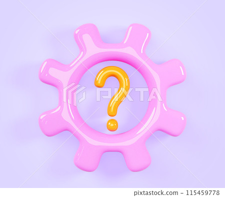 Pink gear with gold question mark on purple background 3d render icon. Cogwheel mechanism with ask faq sign. Concept of innovation idea, solution business problem, technical support. 3D illustration Pink gear with gold question mark on purple background 3d render icon. Cogwheel mechanism with ask faq sign. Concept of innovation idea, solution business problem, technical support. 3D illustration 115459778