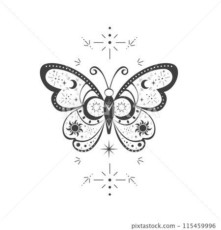Magic sacred decoration esoteric tattoo moth or butterfly dark line, border celelstial mystery esoteric decoration with moth or butterfly, sun, stars and moon on white background. Magic sacred decoration esoteric tattoo moth or butterfly dark line, border celelstial mystery esoteric decoration with moth or butterfly, sun, stars and moon on white background. 115459996