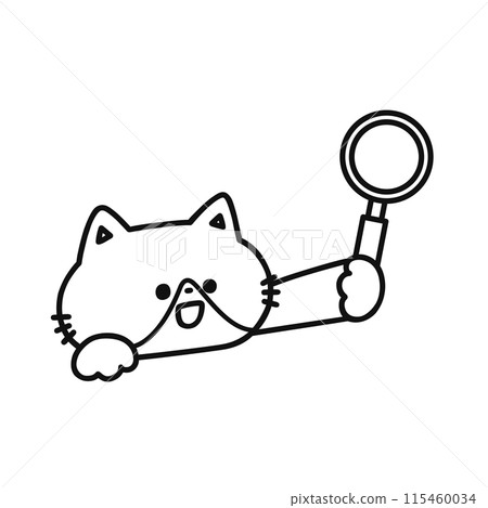 Cute cat with a magnifying glass, line drawing 115460034