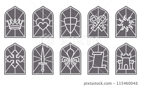 Church glass windows. Gothic vector arch frame with medieval symbols. Vintage architecture elements. Stained mosaic decoration set with crown, heart, shield and sword 115460048