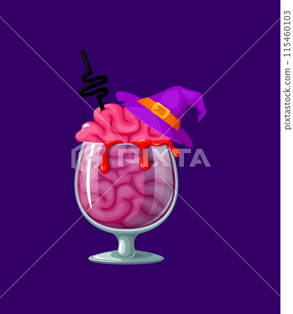 Halloween cocktail features a bleeding brain, complete with a witch hat and straw, creating chilling and delightful drink. Isolated cartoon vector spooky bar menu beverage for spooktacular party night 115460103