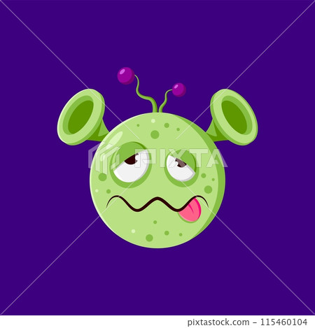 Halloween holiday alien emoji character with eerie green skin, spooky squint eyes, sticking tongue. Isolated vector funny confused or dumbfounded personage, sporting a menacing extraterrestrial vibe 115460104