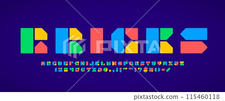 Module block font, modern abstract typeface, vector typography english alphabet type. Trendy creative geometric abc font with letters and numbers of color blocks, geometry shapes and modules 115460118
