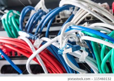 bunch of patch network cables sorted in rack cabinet, leading from patch panel in the server rack in the data center room 115460132