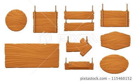 Wooden sign and signboards. Cartoon game arrow, board and panel. Vector set of wood circles, rectangles, squares and oval shaped wood planks hanging by ropes, adorned with nails, rustic gui interface Wooden sign and signboards. Cartoon game arrow, board and panel. Vector set of wood circles, rectangles, squares and oval shaped wood planks hanging by ropes, adorned with nails, rustic gui interface 115460152