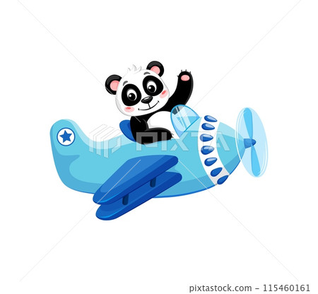 Cartoon panda animal on plane, funny pilot in airplane toy, vector kids character. Panda pilot flying in propeller airplane with Hi greeting paw and smile on face, cute zoo animal aviator for kids 115460161