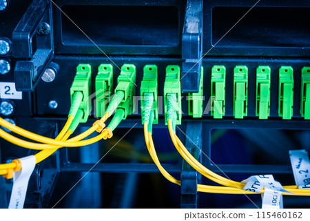 Fiber Optic cables connected to an optic ports - data switch in internet data center Fiber Optic cables connected to an optic ports - data switch in internet data center 115460162