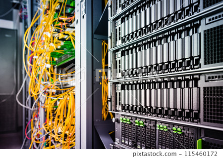 Row of hard disks used for data storage in internet data center 115460172