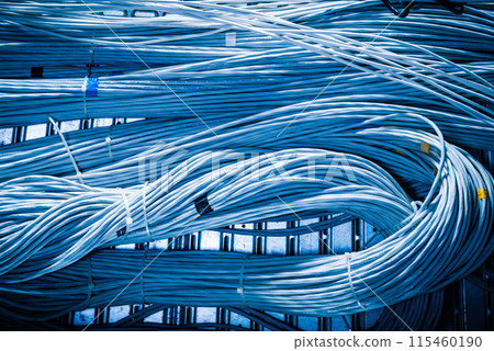 detail of large number of ethernet cables tied together connecting racks inside server room 115460190