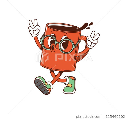 Cartoon coffee mug retro groovy breakfast character. Isolated vector playful red cup vintage style comic personage wearing shoes, with smiling face, glasses, and showing a peace sign with both hands Cartoon coffee mug retro groovy breakfast character. Isolated vector playful red cup vintage style comic personage wearing shoes, with smiling face, glasses, and showing a peace sign with both hands 115460202