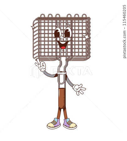 Grill rack retro groovy barbeque character. Isolated cartoon vector grill basket bbq tool personage showing ok gesture, featuring expressive eyes, gloves and sneakers, ready for barbecue cooking party 115460205