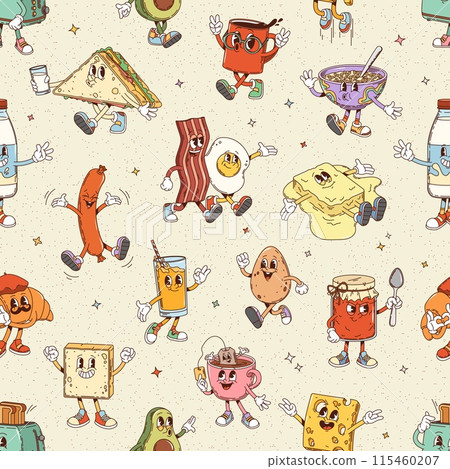 Retro groovy breakfast characters seamless pattern. Vector tile background with sandwich, coffee cup, bacon, egg, juice, and butter. Sausage, oatmeal porridge bowl tea cup and cheese slice with toast Retro groovy breakfast characters seamless pattern. Vector tile background with sandwich, coffee cup, bacon, egg, juice, and butter. Sausage, oatmeal porridge bowl tea cup and cheese slice with toast 115460207