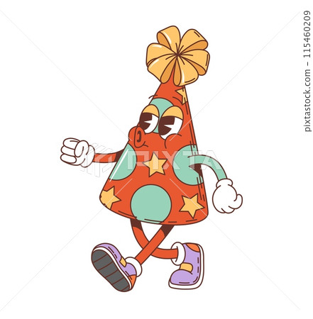 Retro groovy holiday party cone hat character. Isolated cartoon vector quirky festive cap personage with colorful polka dots, large bow on top and a playful expression walking, for party celebration Retro groovy holiday party cone hat character. Isolated cartoon vector quirky festive cap personage with colorful polka dots, large bow on top and a playful expression walking, for party celebration 115460209