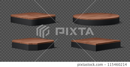 Black podium with wooden platform stage. Vector set of elegant scenes with polished wooden tops in geometric shapes. Pedestals for exhibition, product display and enhance visibility, and presentation 115460214