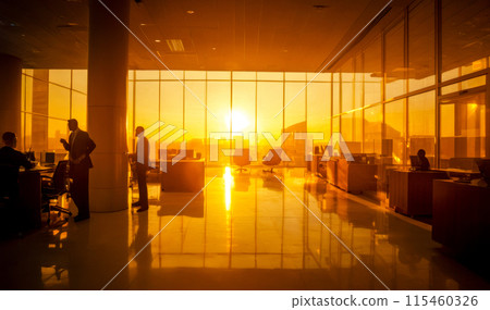 modern office interior, silhouetted professionals at work, corporate business background in vibrant orange tones, urban workspace at dawn or dusk, tranquil yet dynamic atmosphere 115460326