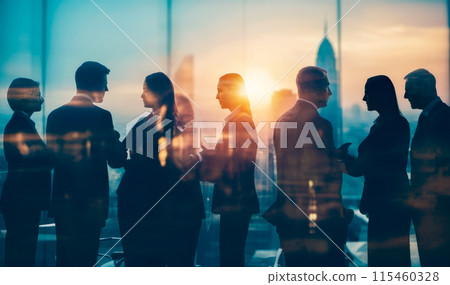 Business Meeting Silhouette with Urban Skyline, Corporate Teamwork Discussion Background. Double Exposure 115460328