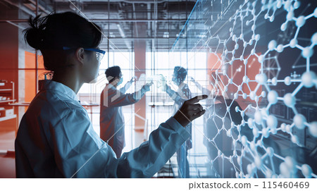 a scene in a high-tech lab where scientists are using a large, transparent touchscreen to manipulate 3D models of molecules 115460469