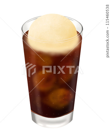 Cola float in a glass topped with vanilla ice cream 115460538