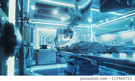 a futuristic operating room where a robotic surgeon is performing a complex procedure a futuristic operating room where a robotic surgeon is performing a complex procedure 115460723