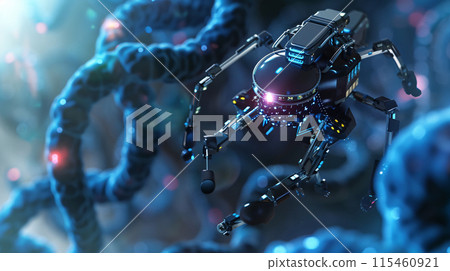 a close-up of a nanobot  set against a backdrop of human cells 115460921