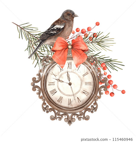 Vintage clock with a red bow, surrounded by pine branches and red berries and a bird. Watercolor composition in Christmas style. Drawing for the New Year holidays, invitations, cards, packaging 115460946