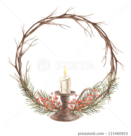 A wreath of dry tree branches with fir branches, red berries and a wax candle in a candlestick. Watercolor wreath in holiday style on isolated background, suitable for New Year design, cards, banners 115460953
