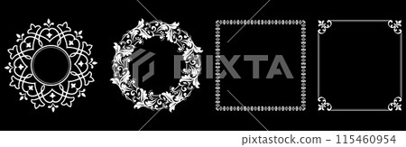Set of decorative frames Elegant vector element for design in Eastern style, place for text. Floral black and white borders. Lace illustration for invitations and greeting cards. 115460954