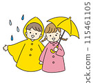 Child wearing an umbrella and raincoat 115461105