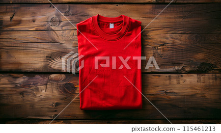 a colored blank t-shirt is folded neatly, ironed, placed in the frame for mockup 115461213