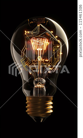 A single light bulb, with a bright, glowing filament that is shaped like a WHAT , brand new and glowing brightly, floating isolated against a deep, solid black background. 115461386